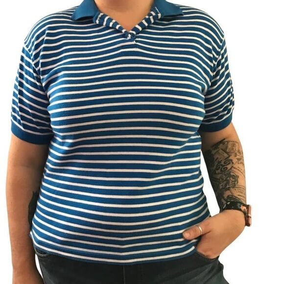 Vintage 80s Striped Blouse, Karen Scott Top, Large Short Sleeve 80s Plus Sized - Picture 7 of 14